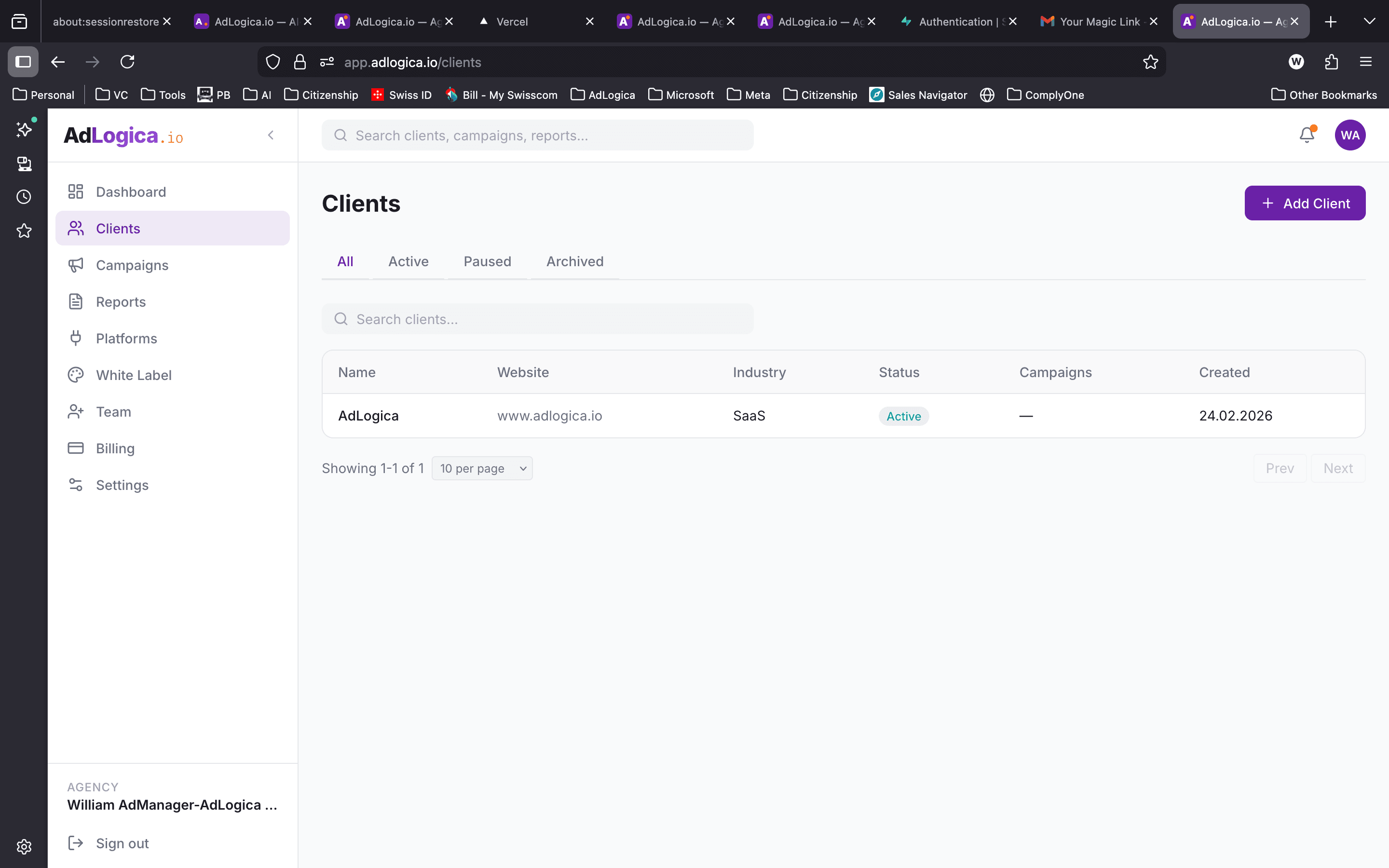 AdLogica.io client management interface showing client list with name, website, industry, status, and campaigns