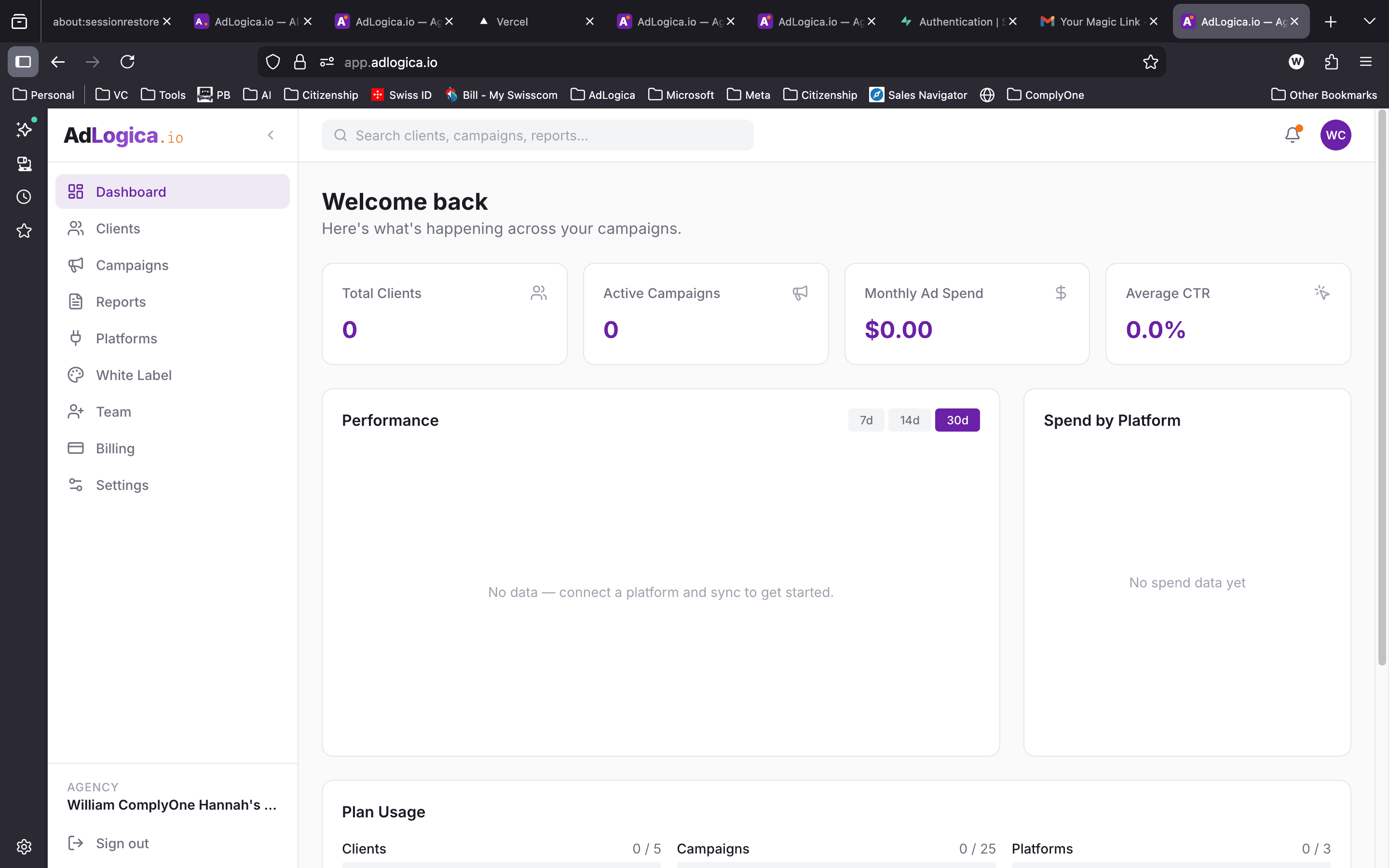 AdLogica.io multi-platform dashboard showing total clients, active campaigns, ad spend, and performance metrics