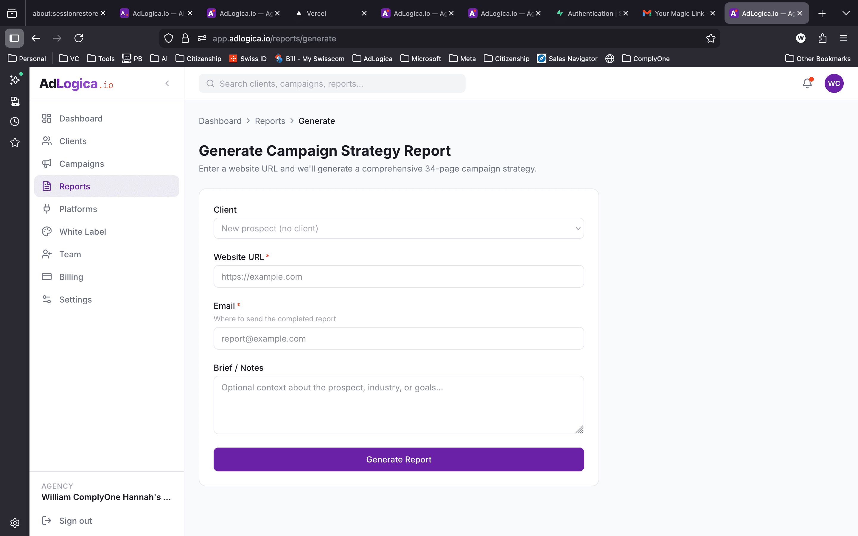 AdLogica.io strategy report generator showing form to generate a 34-page campaign strategy from any website URL